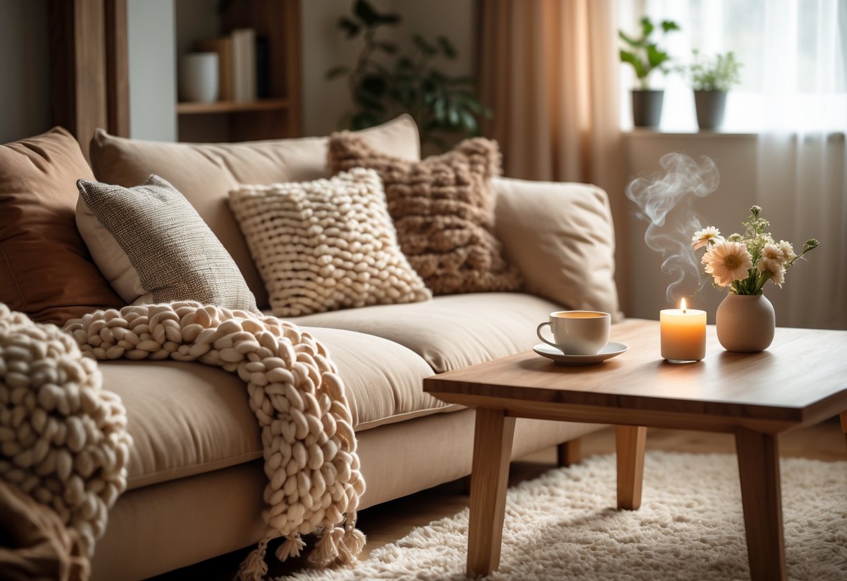 A cozy living room with a beige sofa, throw pillows, a knit blanket, a wooden coffee table with a cup of tea and candle, soft lighting, and shelves with books and plants.