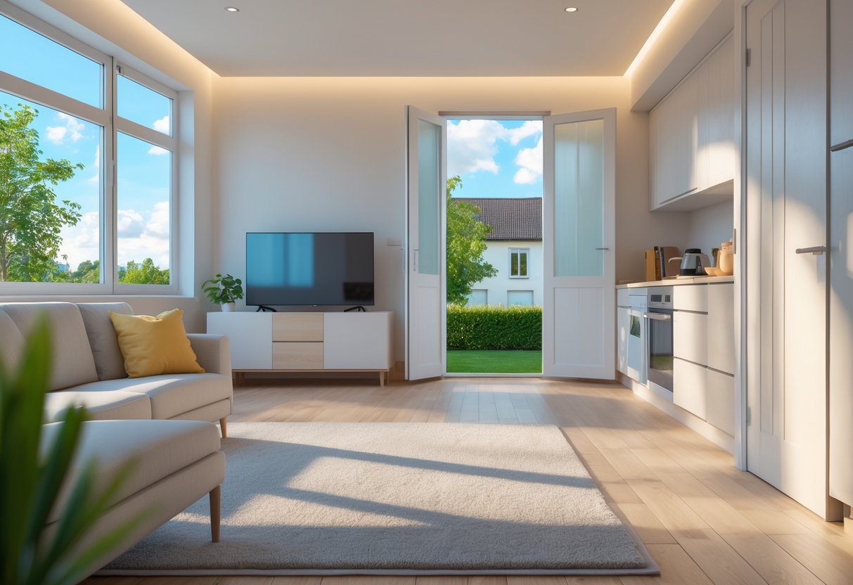 A modern living room showing open windows, glowing light bulbs, a thermostat, and drafty doors indicating energy waste.