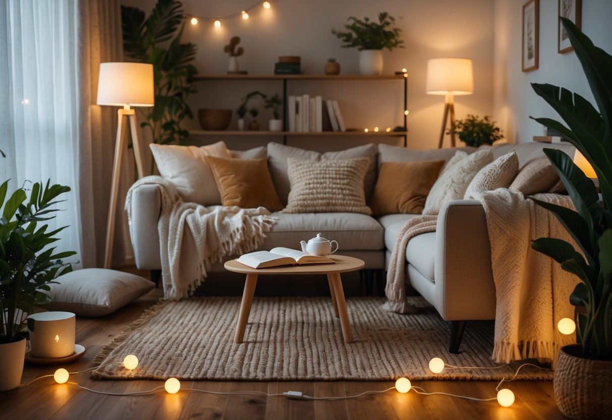 A cozy living room with a sofa, cushions, warm lighting, plants, and a coffee table with a cup and book.
