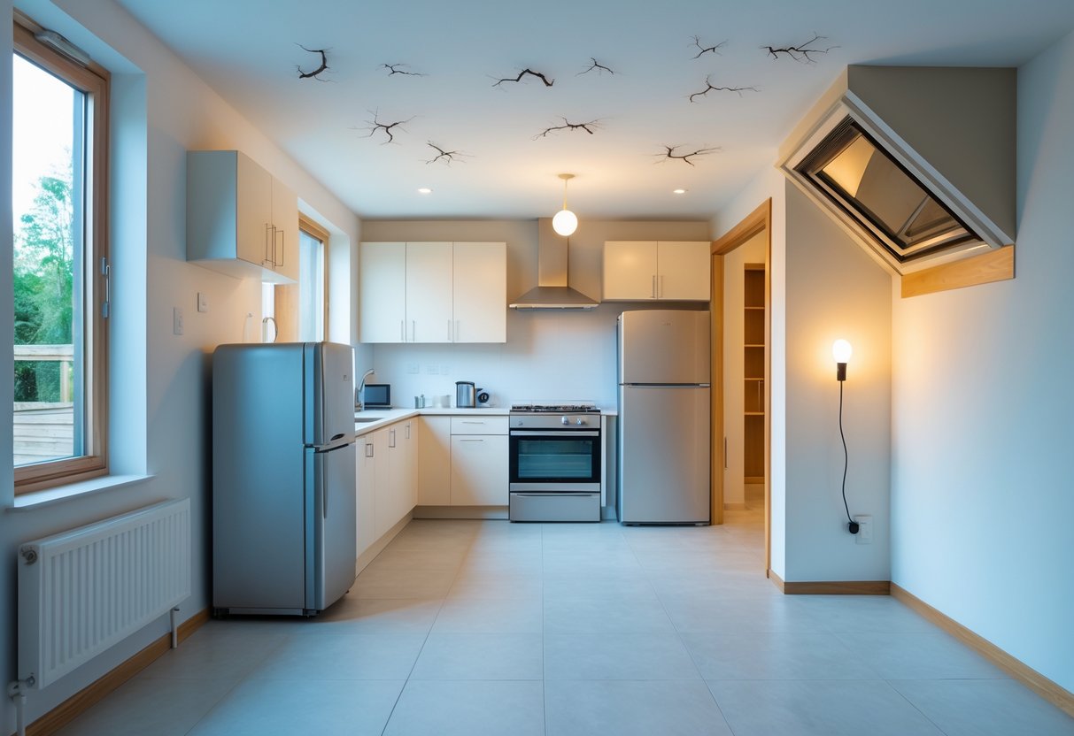 Interior of a modern home showing a window slightly open, a refrigerator, a ceiling with small cracks, a lit light bulb in an empty room, and an attic hatch, illustrating common household energy loss.