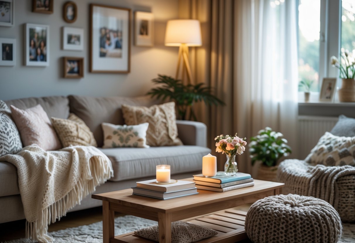 A cozy living room with a sofa, throw blankets, cushions, a coffee table with books and a candle, framed photos on the wall, soft lighting, and indoor plants.