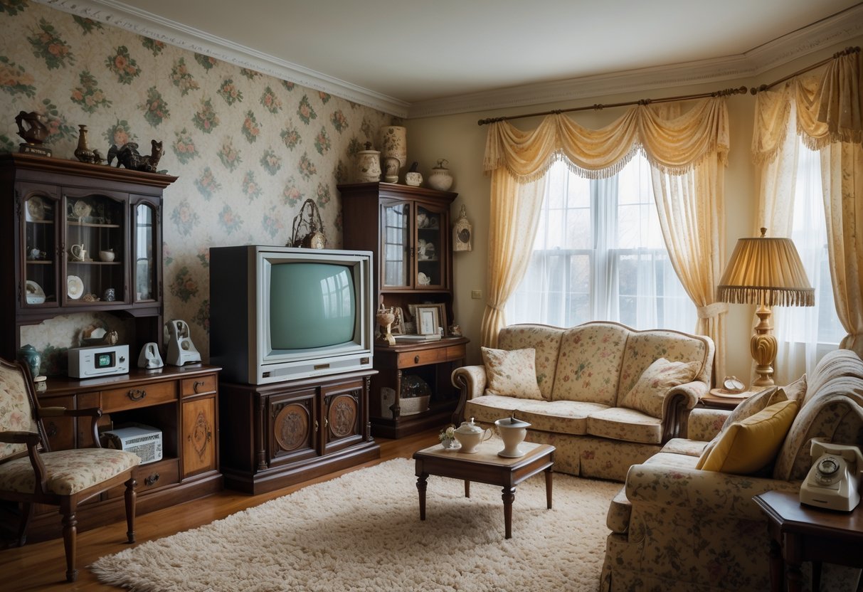 A living room with old-fashioned wallpaper, dark wood furniture, a bulky TV, shag carpet, lace curtains, and vintage decor items.