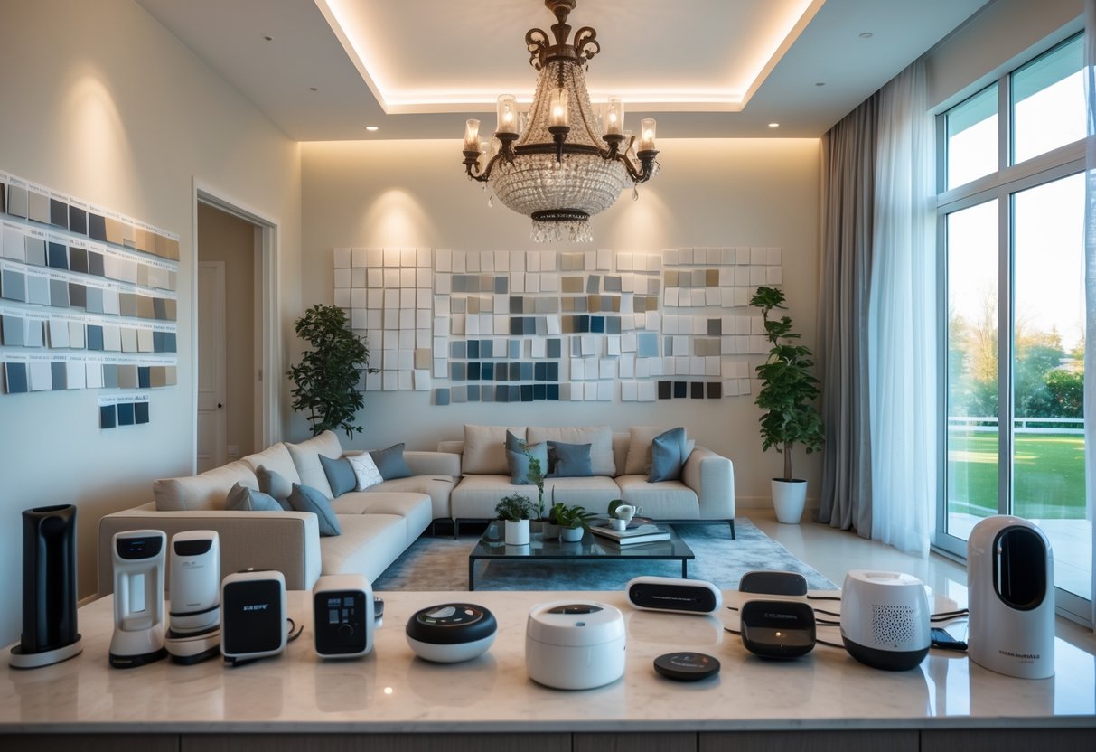A modern living room showing impractical home upgrades like an oversized chandelier, mismatched paint samples on the wall, an unused indoor fountain, and cluttered smart home gadgets on a countertop.