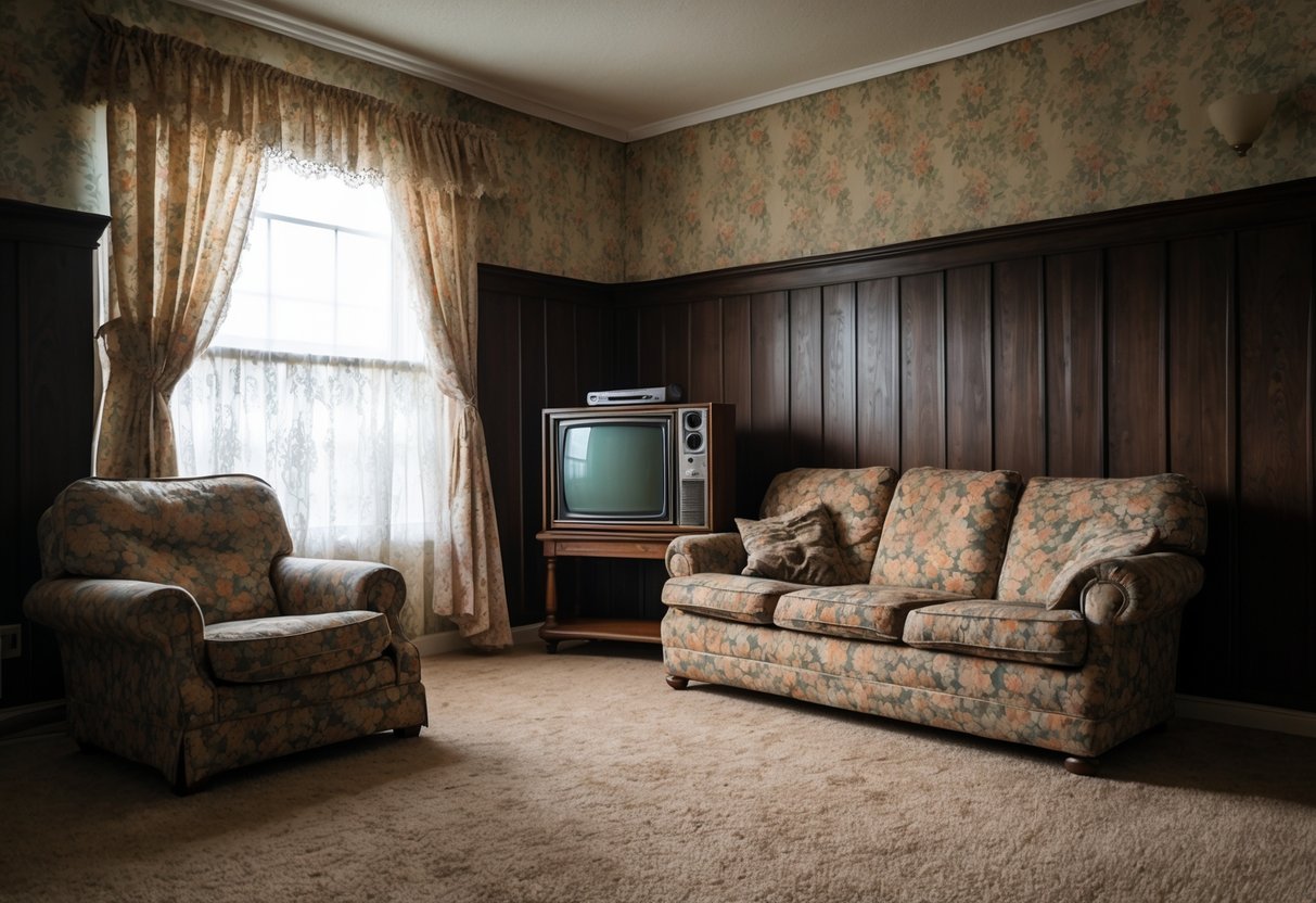 A living room with floral wallpaper, dark wood paneling, an old television, a floral sofa, beige shag carpet, and lace curtains.