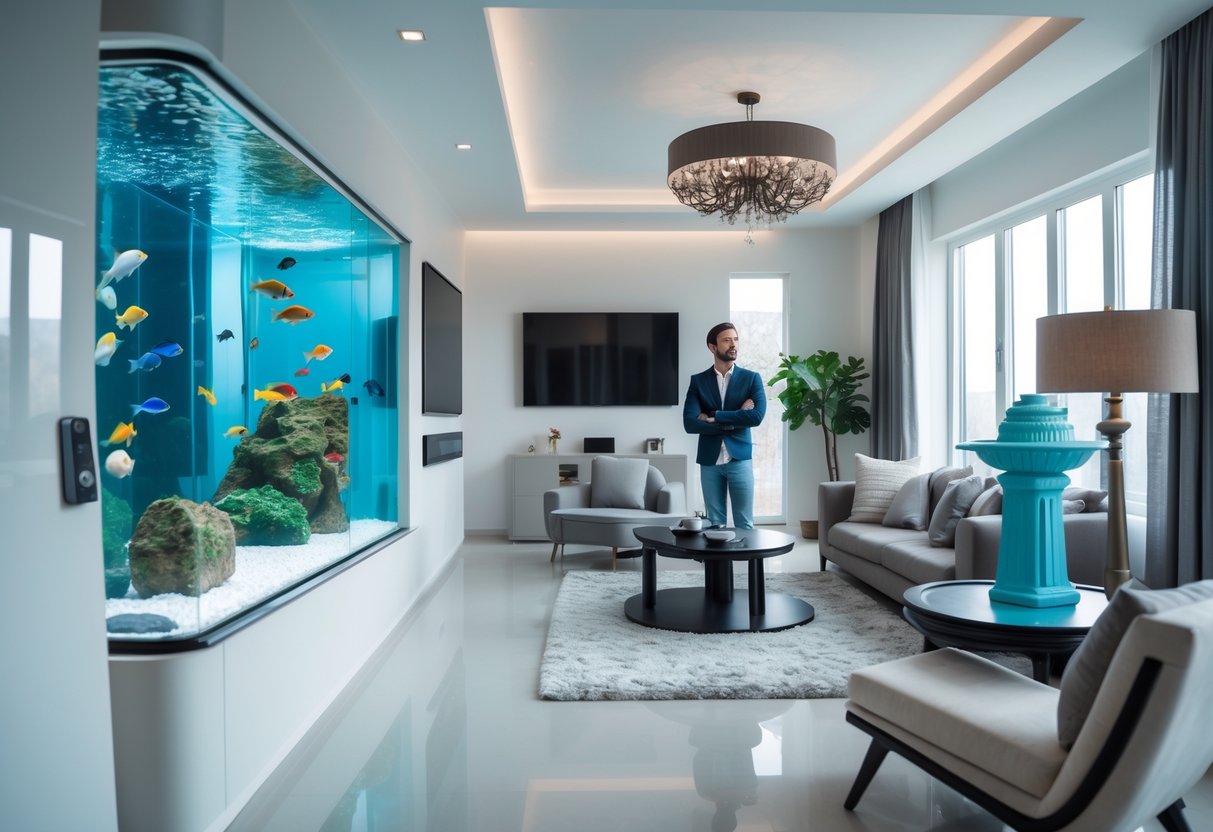 A modern living room with an oversized aquarium, a home automation panel, an indoor water fountain, and an ornate chandelier, with a homeowner looking thoughtfully at the upgrades.
