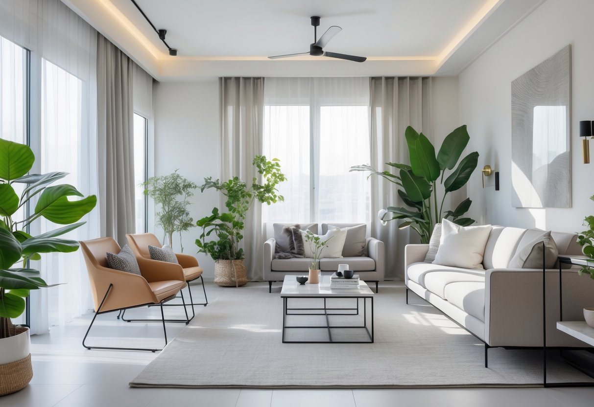 A bright living room with modern furniture, indoor plants, and large windows letting in natural light.