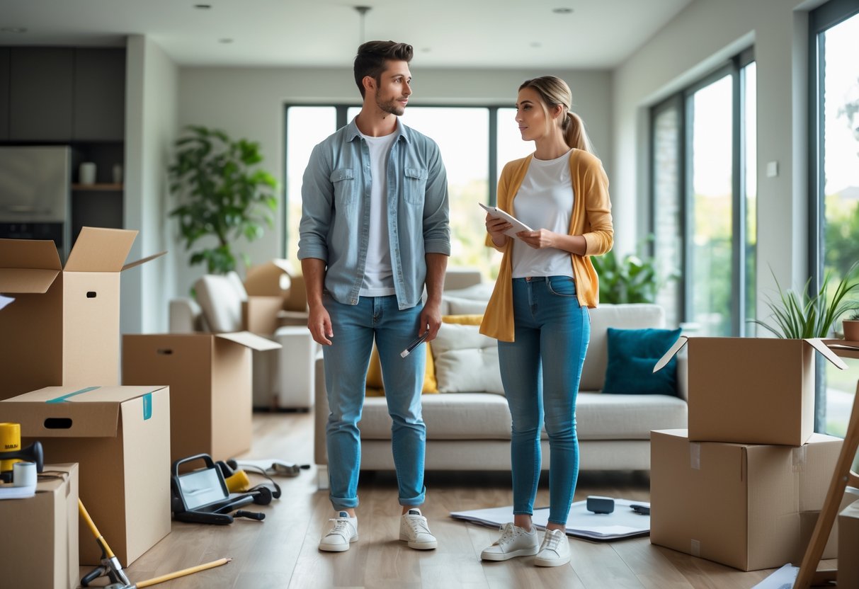 A young couple standing in their new home surrounded by unpacked boxes and household tools, looking thoughtful and discussing their next steps.