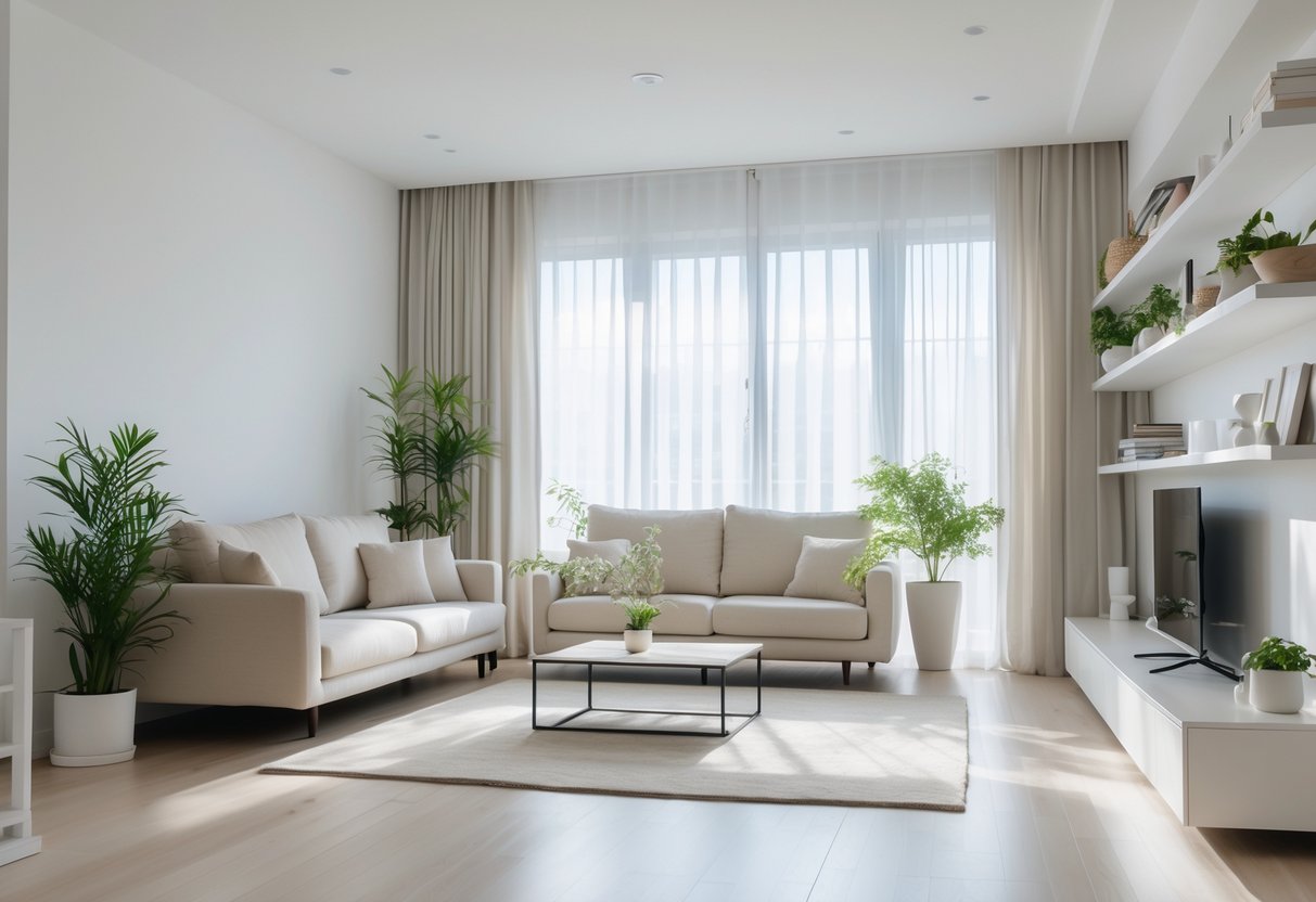 A clean and organized living room with a sofa, coffee table, shelves, and plants, bathed in natural light.