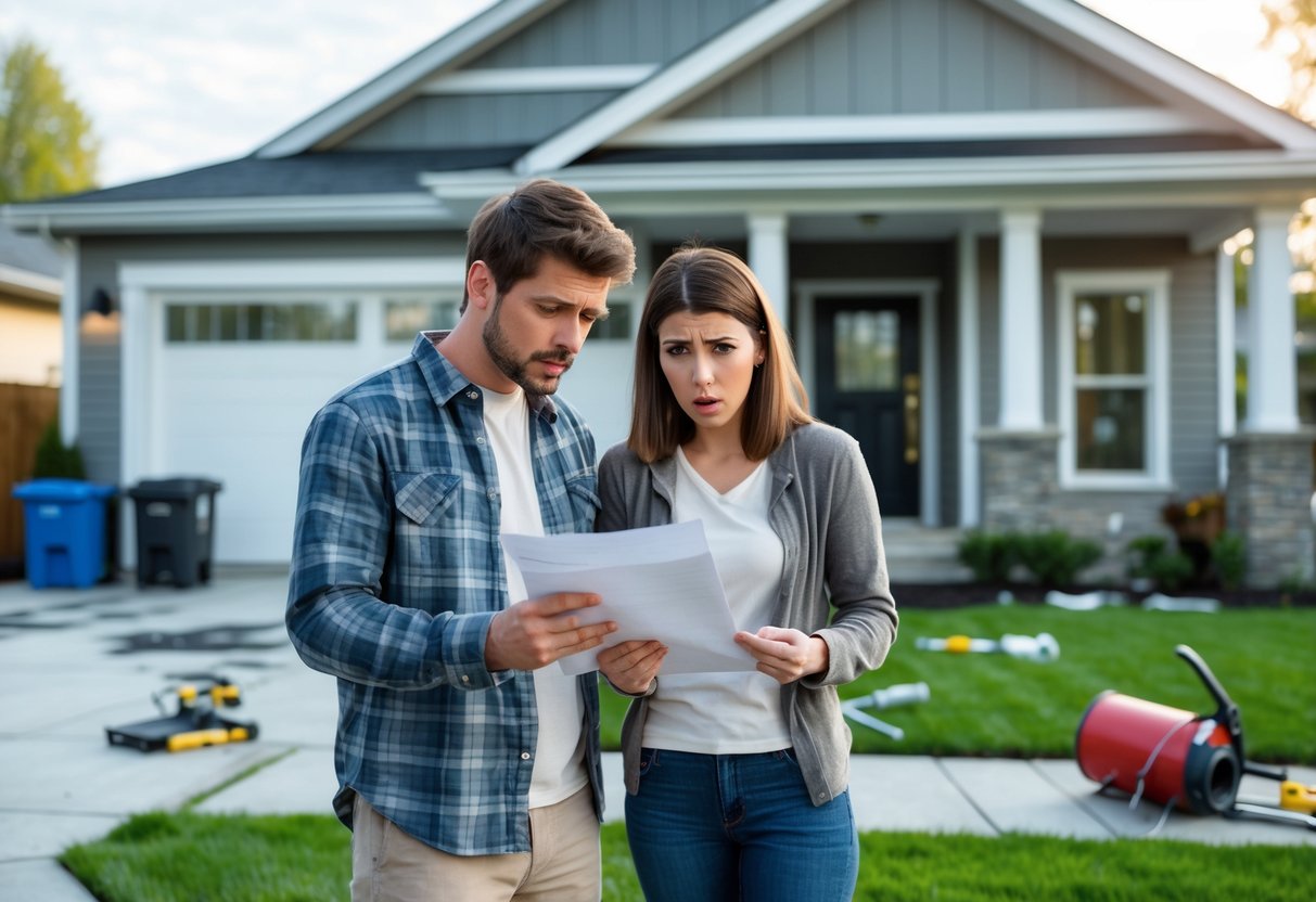 A young couple standing outside their new house looking concerned while reviewing paperwork, with visible small home maintenance issues around them.