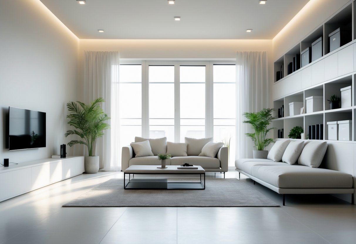 A clean and organized living room with a sofa, coffee table, shelves, and plants, free of clutter.