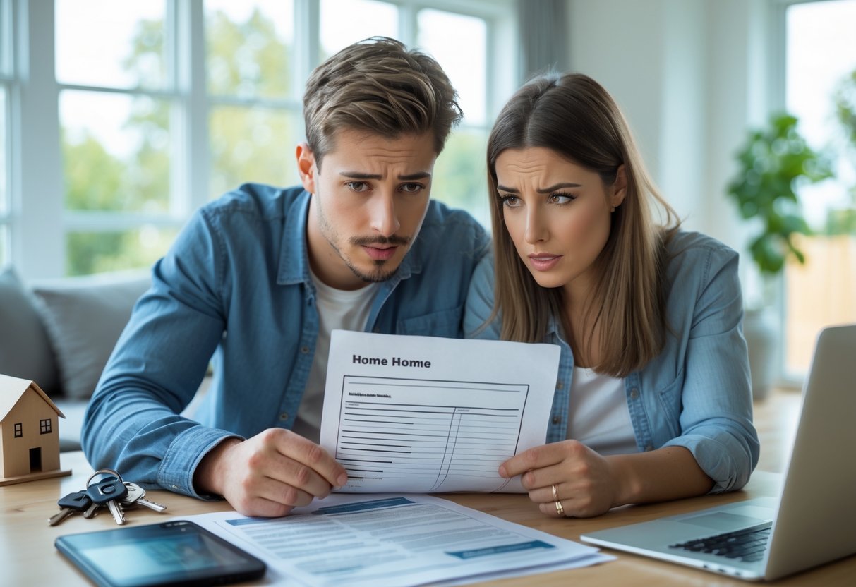 A young couple reviewing documents together in a bright living room, appearing thoughtful and focused.