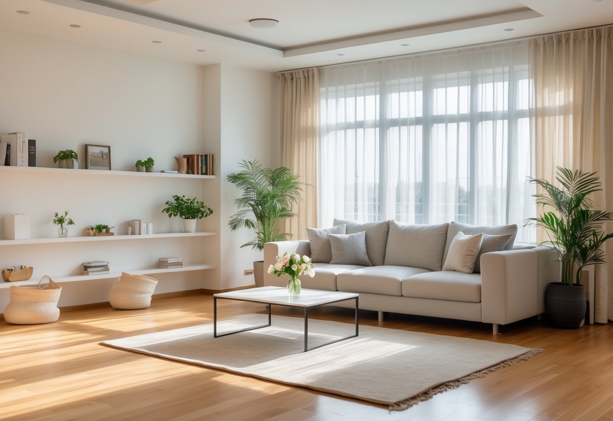 A tidy living room with a sofa, coffee table, shelves with books and plants, and sunlight coming through large windows.