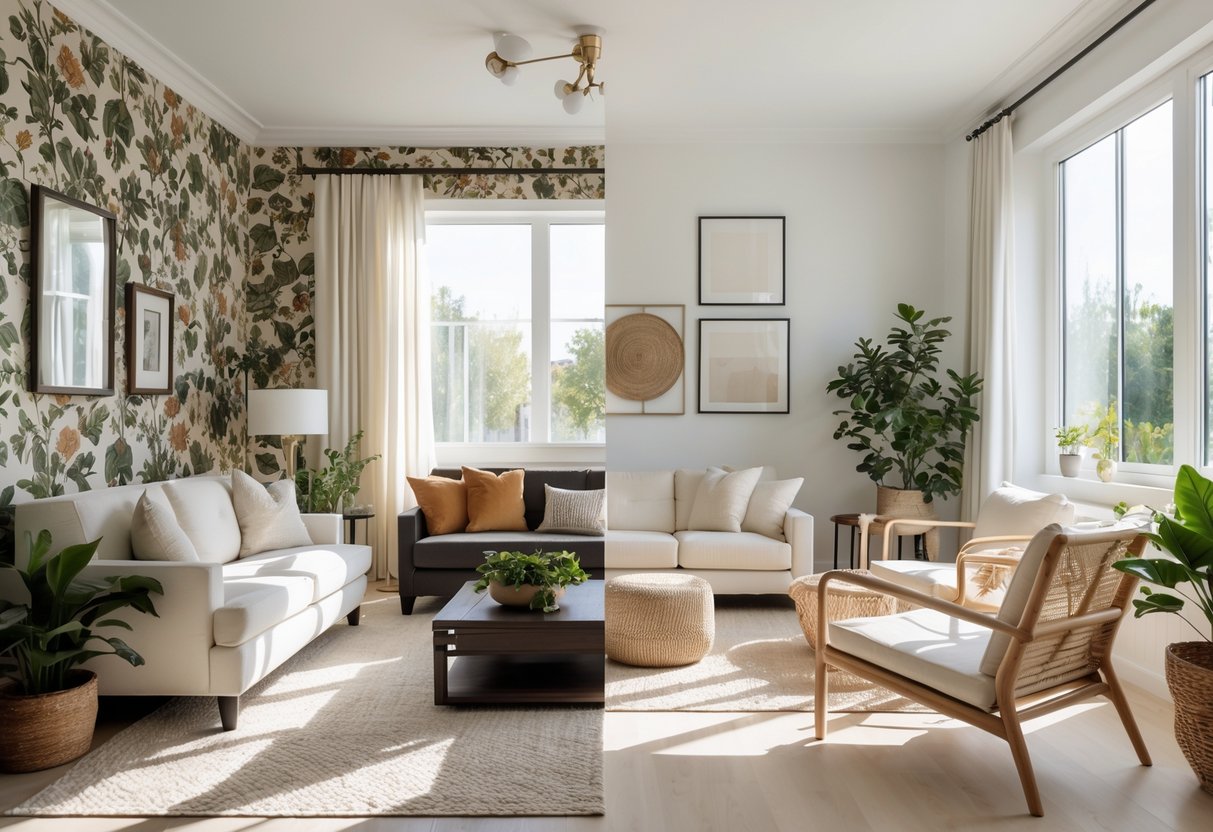 A modern living room showing old-fashioned decor on one side and fresh, minimalist decor with plants on the other side.
