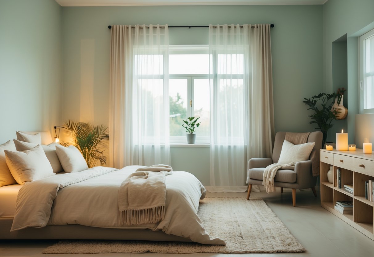A calm bedroom with a neatly made bed, soft natural light, wooden furniture, plants, and cozy decor creating a peaceful atmosphere.