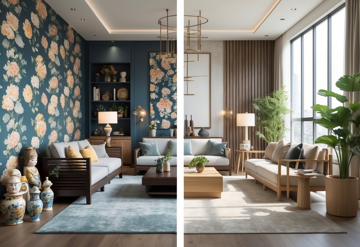 A living room showing a contrast between old-fashioned decor with floral wallpaper and dark furniture on one side, and a bright, modern setup with light furniture and plants on the other.