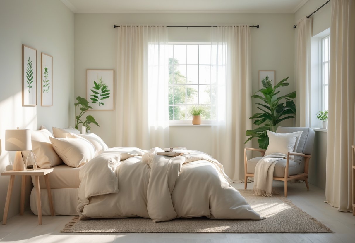 A peaceful bedroom with a neatly made bed, soft lighting, plants, and simple decor creating a calming atmosphere.