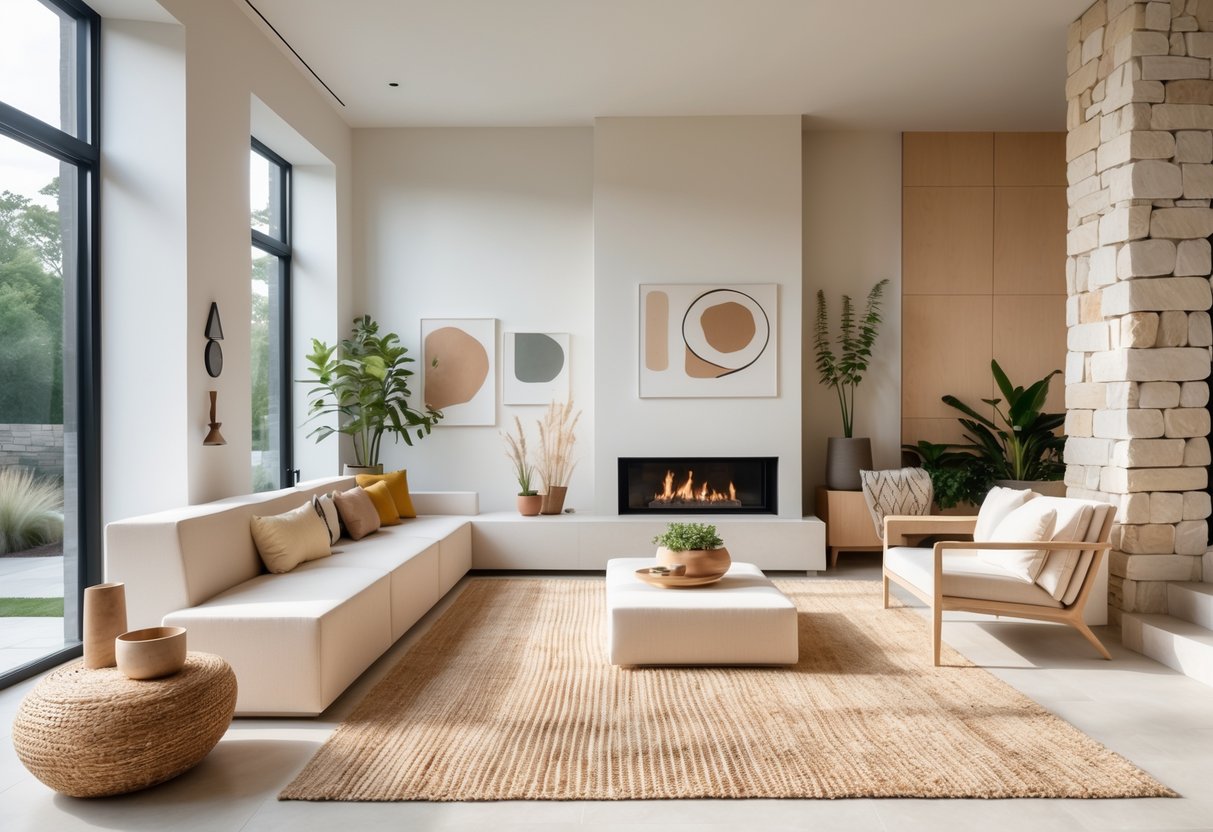 A bright living room with large windows, natural wood furniture, indoor plants, and a modern fireplace.
