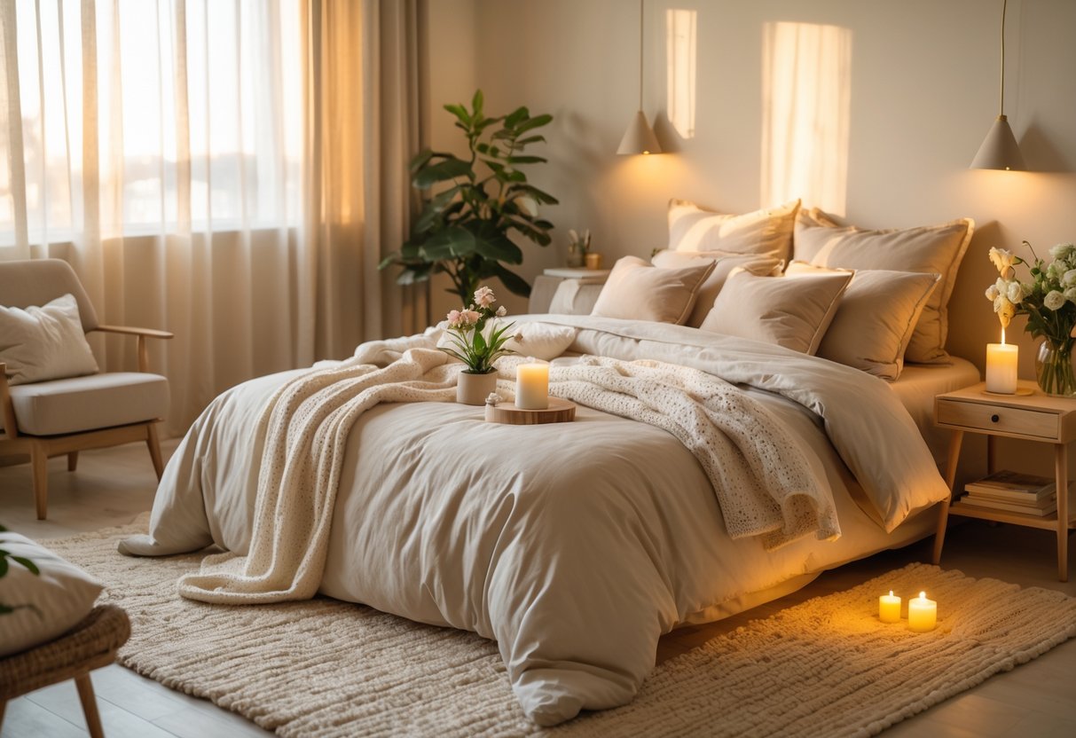 A cozy bedroom with a made bed, soft pillows, warm natural light, a bedside table with a candle and flowers, an armchair with a cushion, and a green plant in the corner.