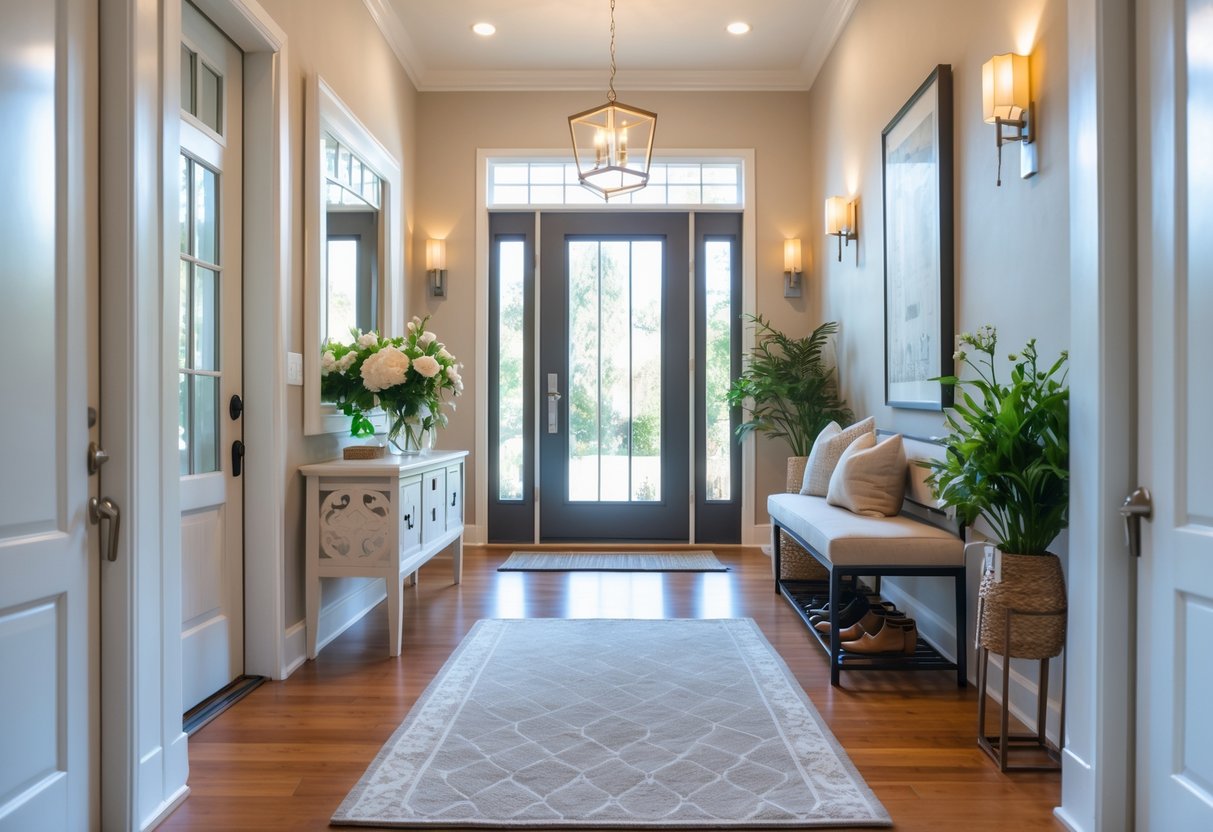 A bright and tidy home entrance with a front door open, showing a console table with flowers, a mirror, a bench with cushions, and a shoe rack.