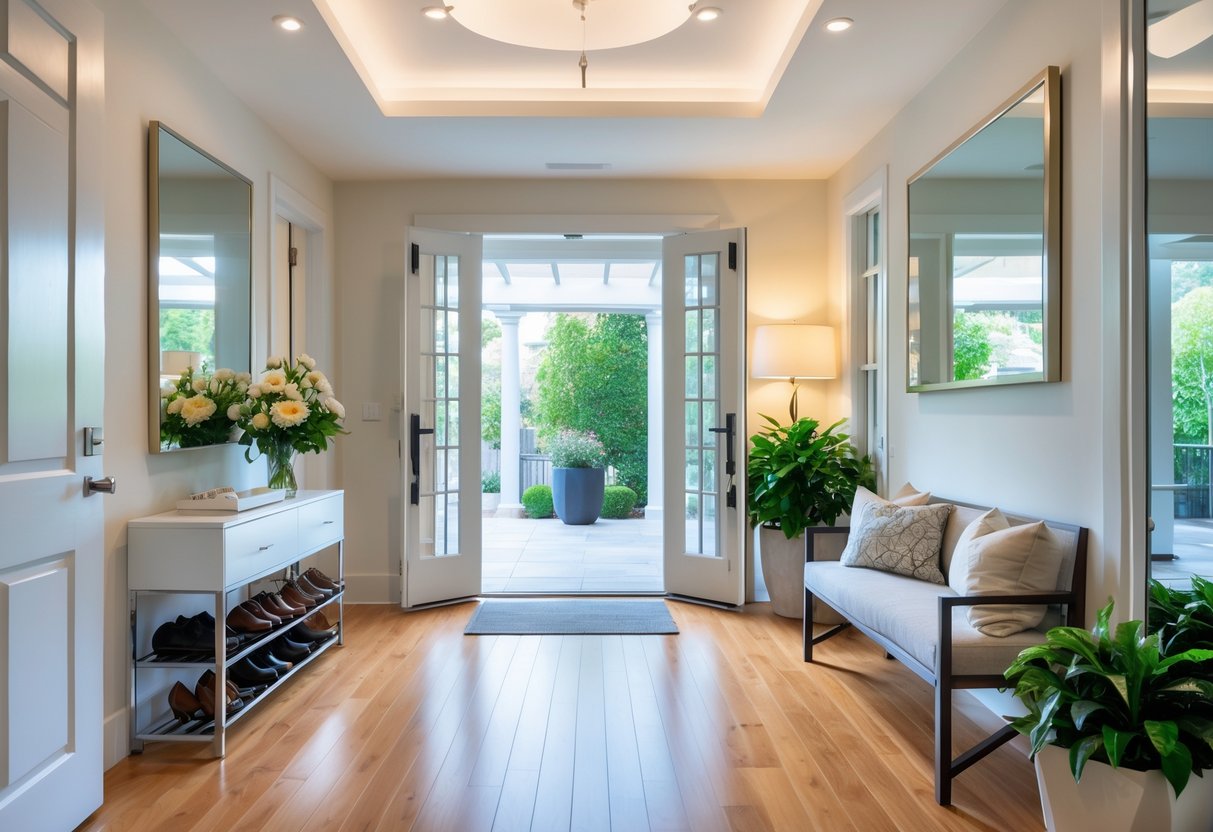 A bright and tidy home entrance showing a front door open to a foyer with a shoe rack, flower arrangement, mirror, seating bench, welcome mat, polished hardwood floor, and potted plants.