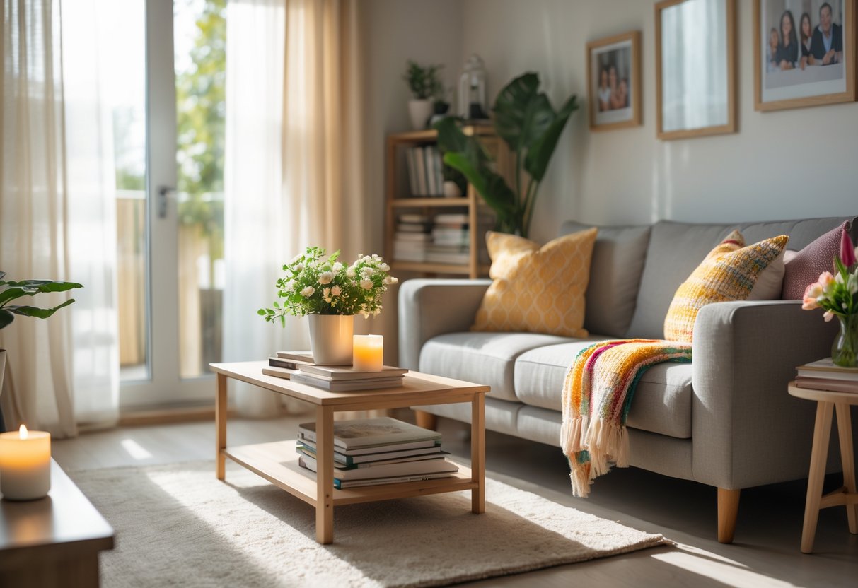 A bright living room with a sofa, colorful pillows, indoor plants, fresh flowers, family photos, and natural sunlight creating a warm and inviting atmosphere.