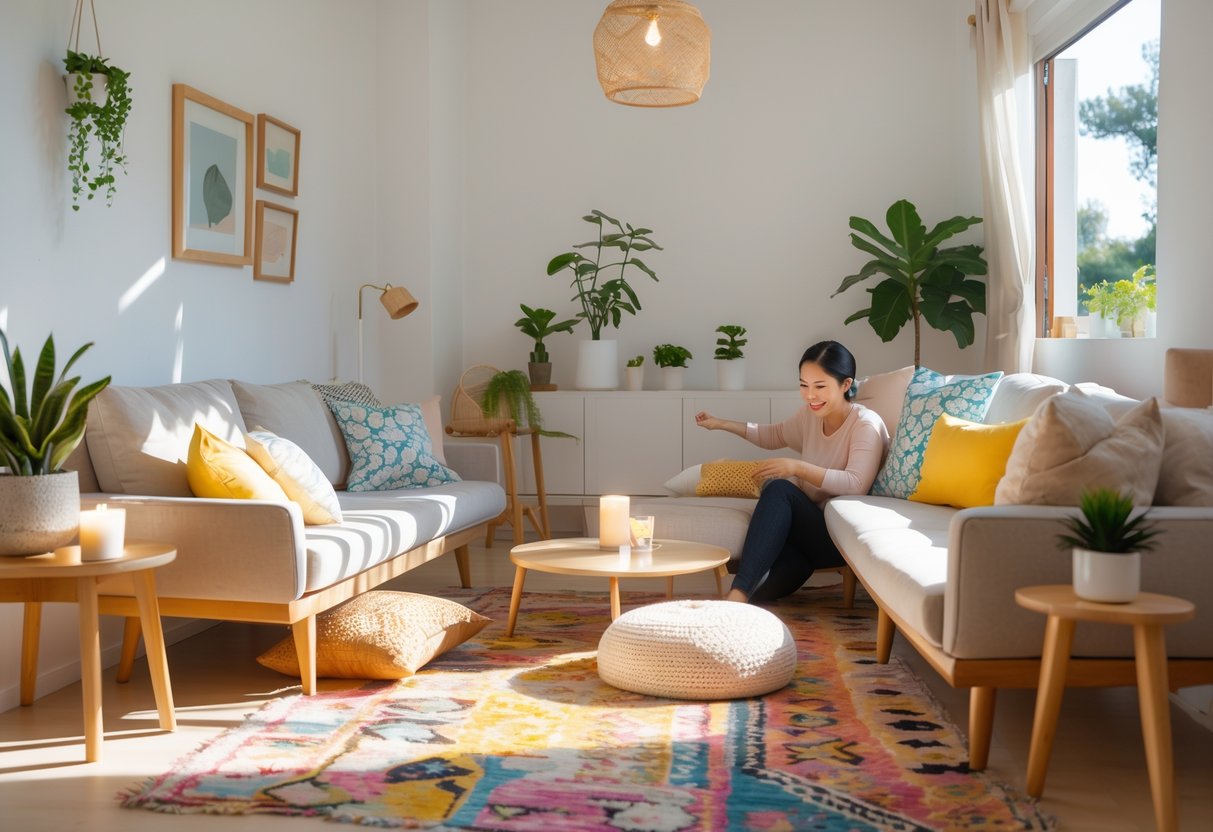 A person adjusting a cushion in a bright living room with plants, wooden furniture, and sunlight coming through an open window.