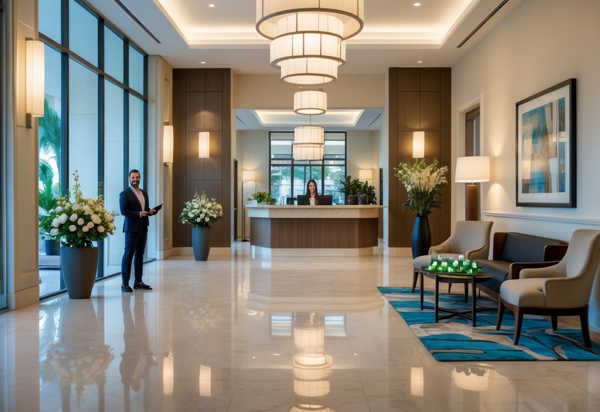 A hotel lobby with a reception desk, fresh flowers, comfortable seating, and natural light creating a welcoming atmosphere.