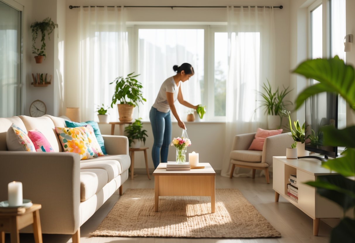 A bright living room with a sofa, coffee table with flowers, and a person watering a houseplant near large windows.