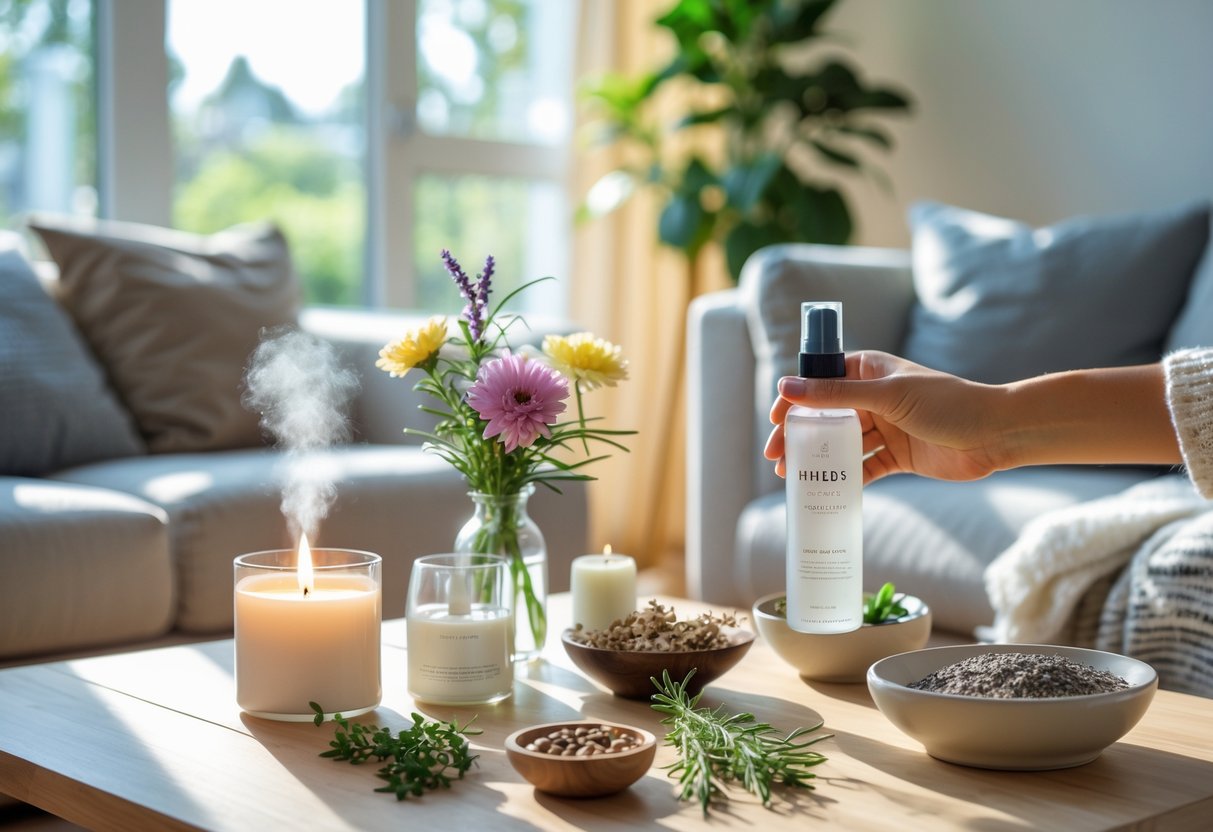 A cozy living room with a coffee table displaying a lit candle, flowers, diffuser, potpourri, and herbs, with a hand spraying room spray in the air.