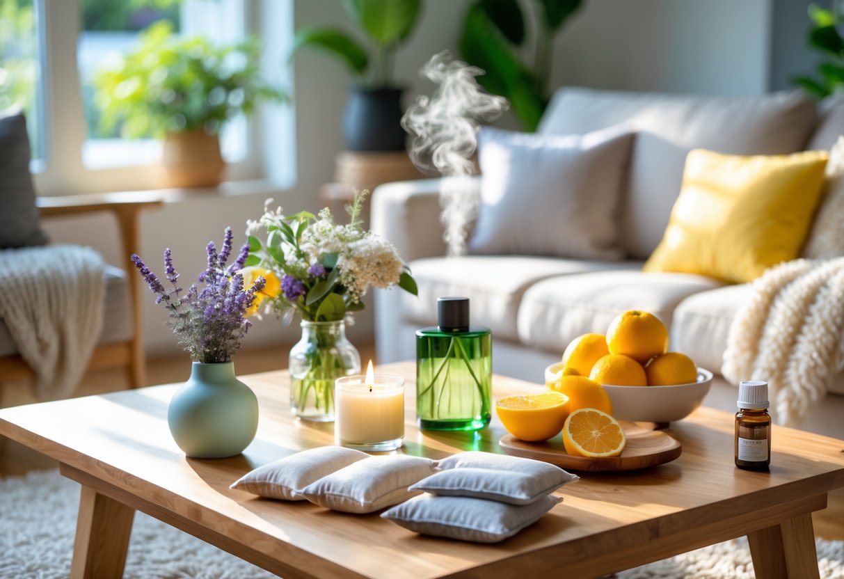A cozy living room with a coffee table displaying a lit candle, fresh flowers, a diffuser releasing mist, citrus fruits, and essential oils, surrounded by plants and soft furnishings.