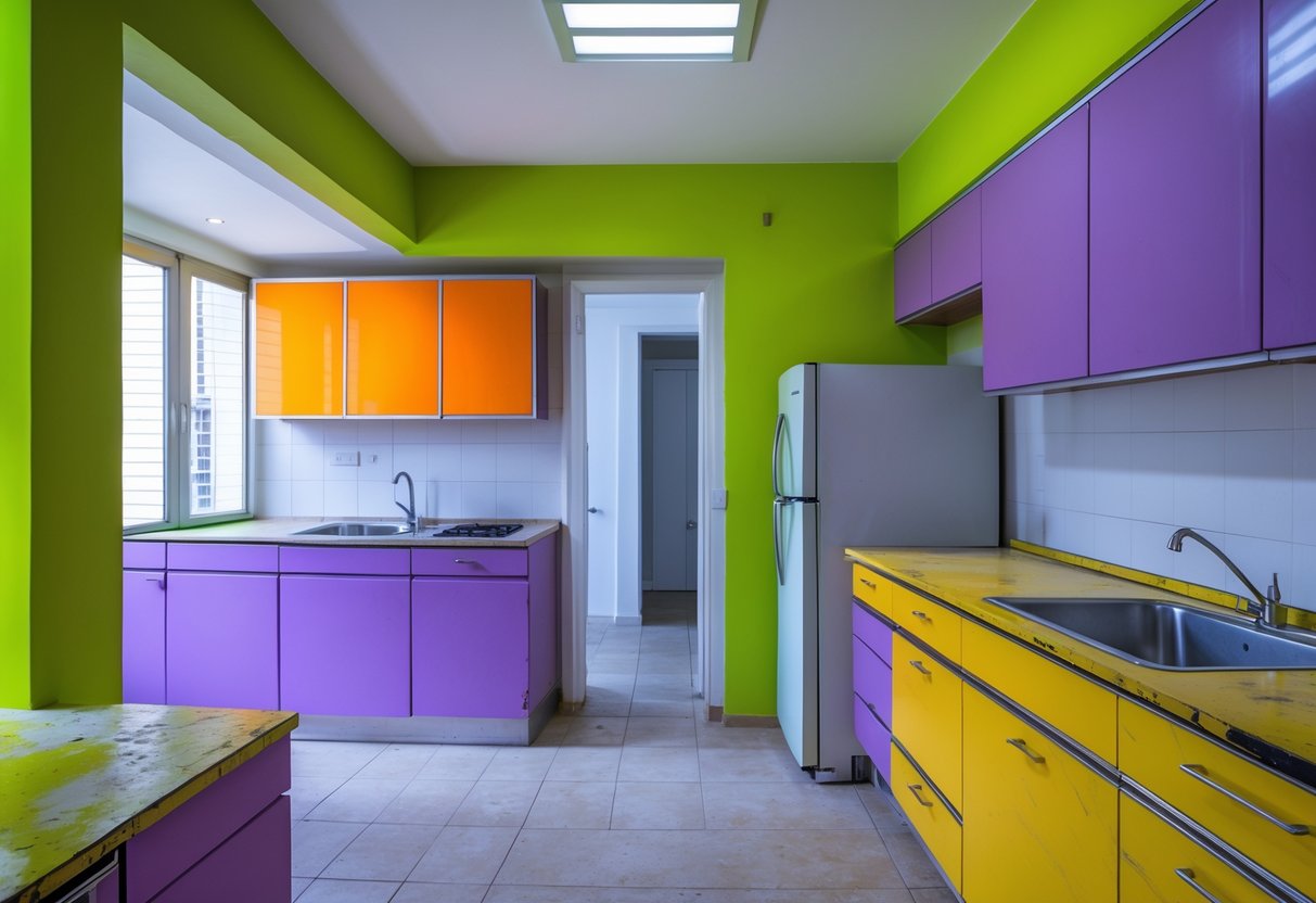 A kitchen with bright neon green and orange walls, mismatched purple and yellow cabinets, and worn countertops, showing an unappealing color combination.