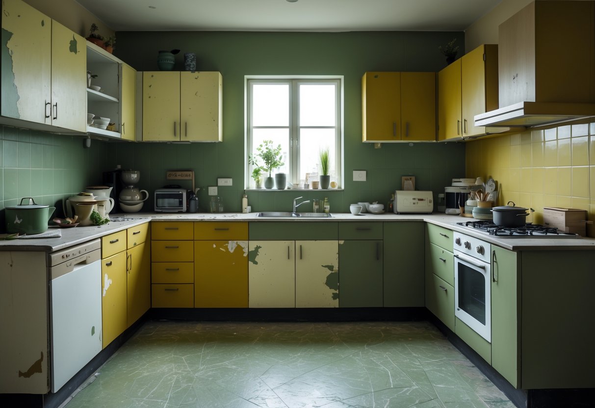 A kitchen with dull yellow and green walls, worn cabinets, cluttered countertops, and a small window letting in weak light.