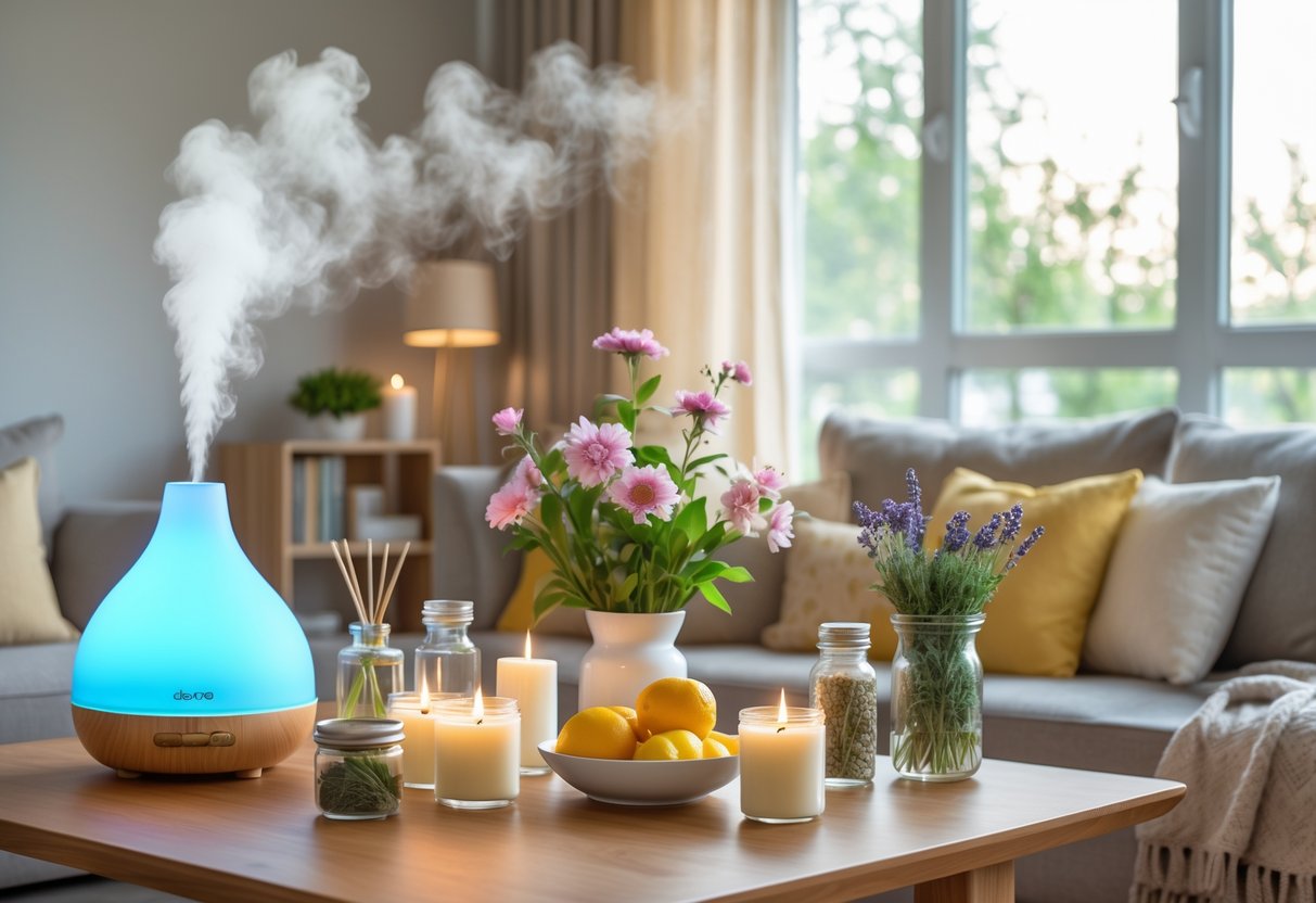 A modern living room with a diffuser, flowers, scented candles, citrus fruits, and herbs arranged to create a fresh and inviting atmosphere.