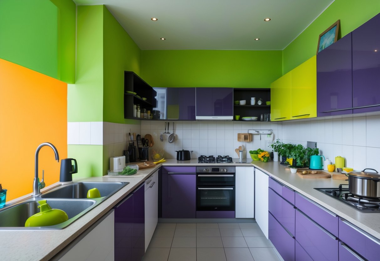 A kitchen with bright, clashing wall and cabinet colors that create an uninviting and chaotic atmosphere.