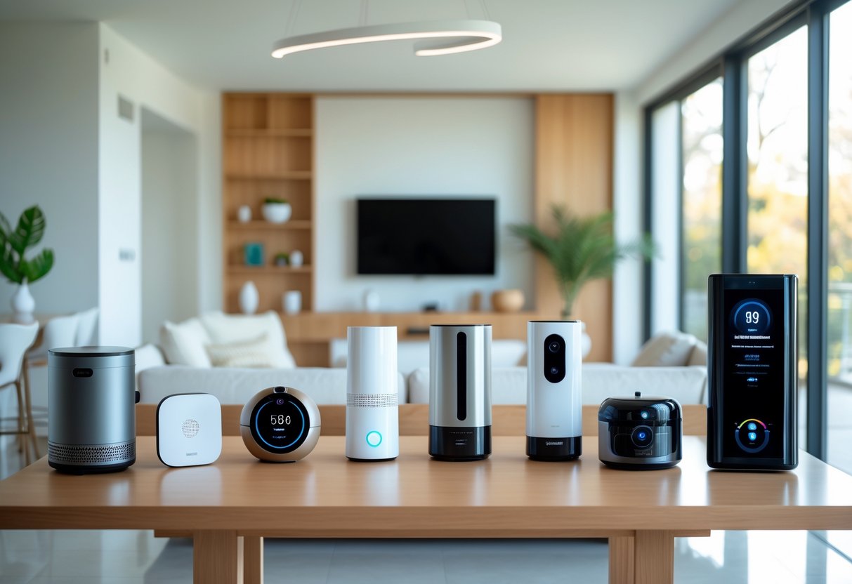 A modern living room and kitchen area displaying ten different home gadgets arranged on a table and countertop.