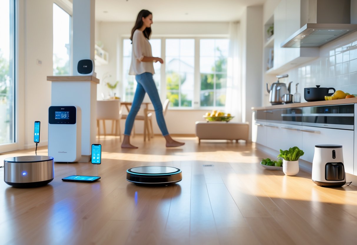 A modern kitchen and living room with various home gadgets like a smart speaker, robotic vacuum, smart thermostat, digital scale, wireless charger, coffee maker, and smart lights being used.
