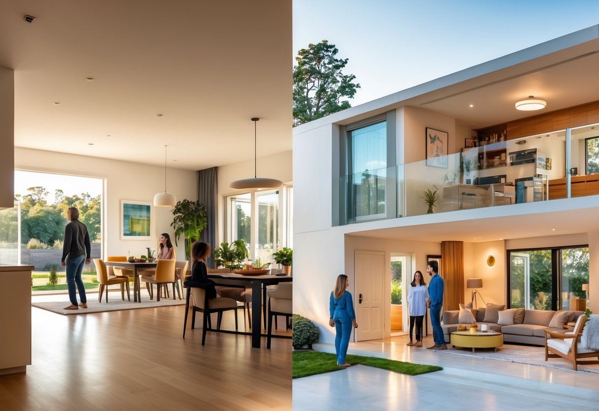 A modern home interior showing an open floor plan on one side and separate rooms on the other, with people using the spaces differently.