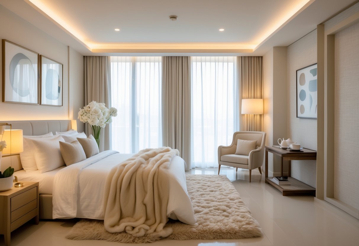A bright and inviting bedroom with a large bed, nightstand with lamp, fresh flowers, seating area, and natural light coming through large windows.