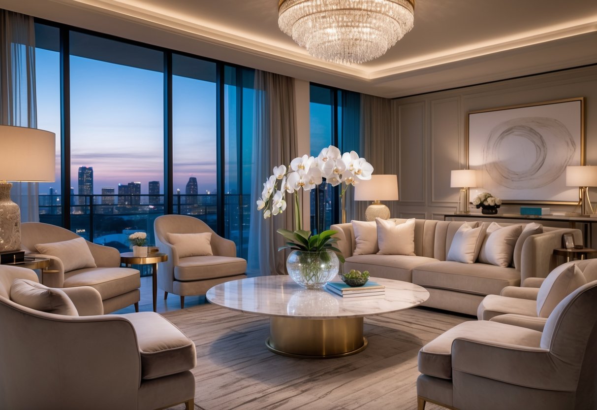 A spacious, elegant living room with plush seating, a marble coffee table with white flowers, large windows showing a city skyline at dusk, and warm ambient lighting.