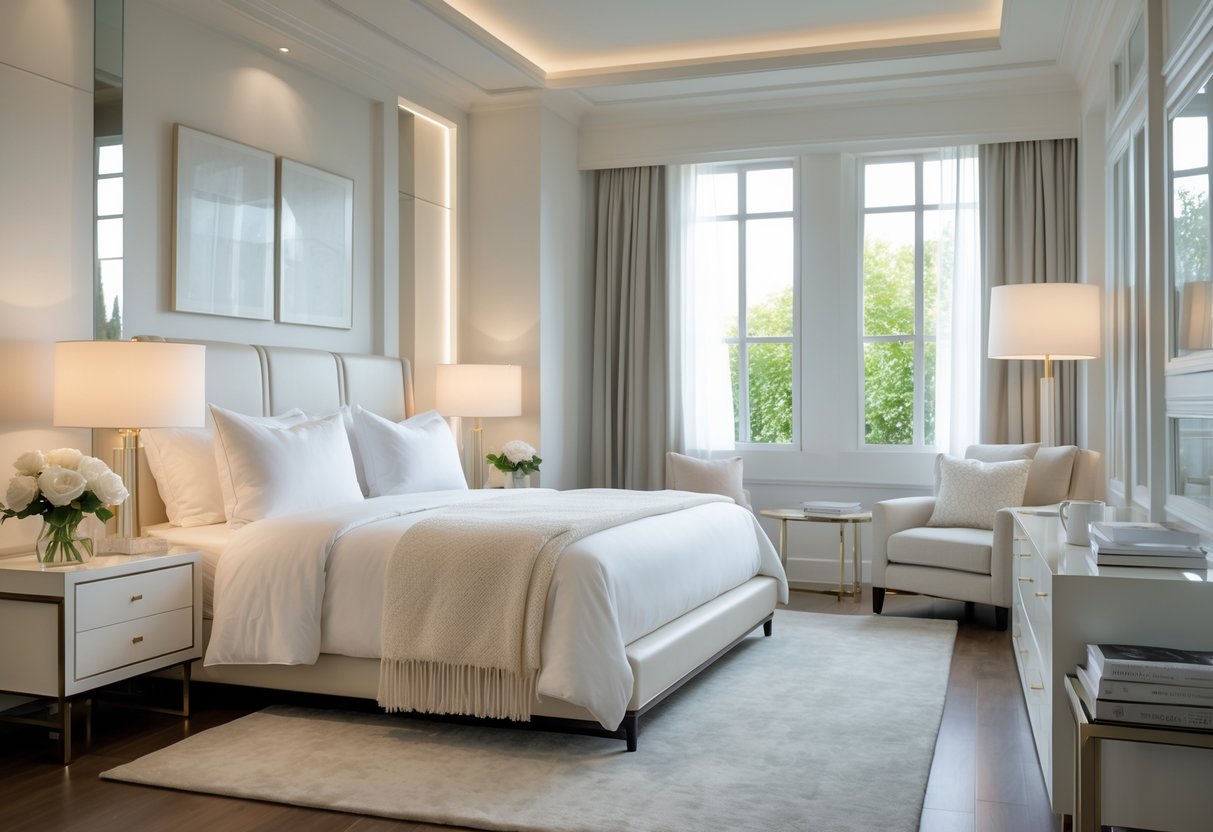 A bright bedroom with a neatly made king-sized bed, nightstand with lamp and flowers, large windows letting in sunlight, and a cozy armchair.