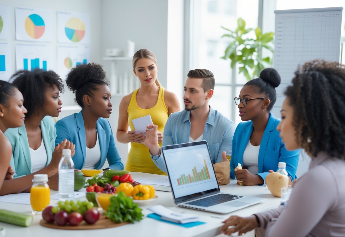 A group of people listening to a fitness expert explaining healthy lifestyle concepts in a bright room with fruits, vegetables, and fitness equipment.