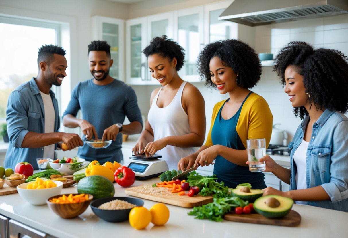 People preparing healthy meals together in a kitchen with fresh fruits and vegetables on the counter.