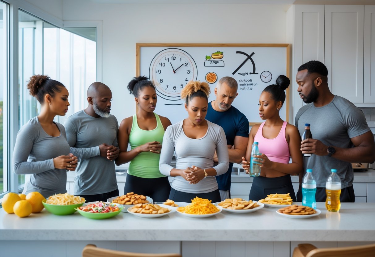 A group of adults in a kitchen looking frustrated while surrounded by unhealthy foods and fitness items, illustrating challenges in weight loss.