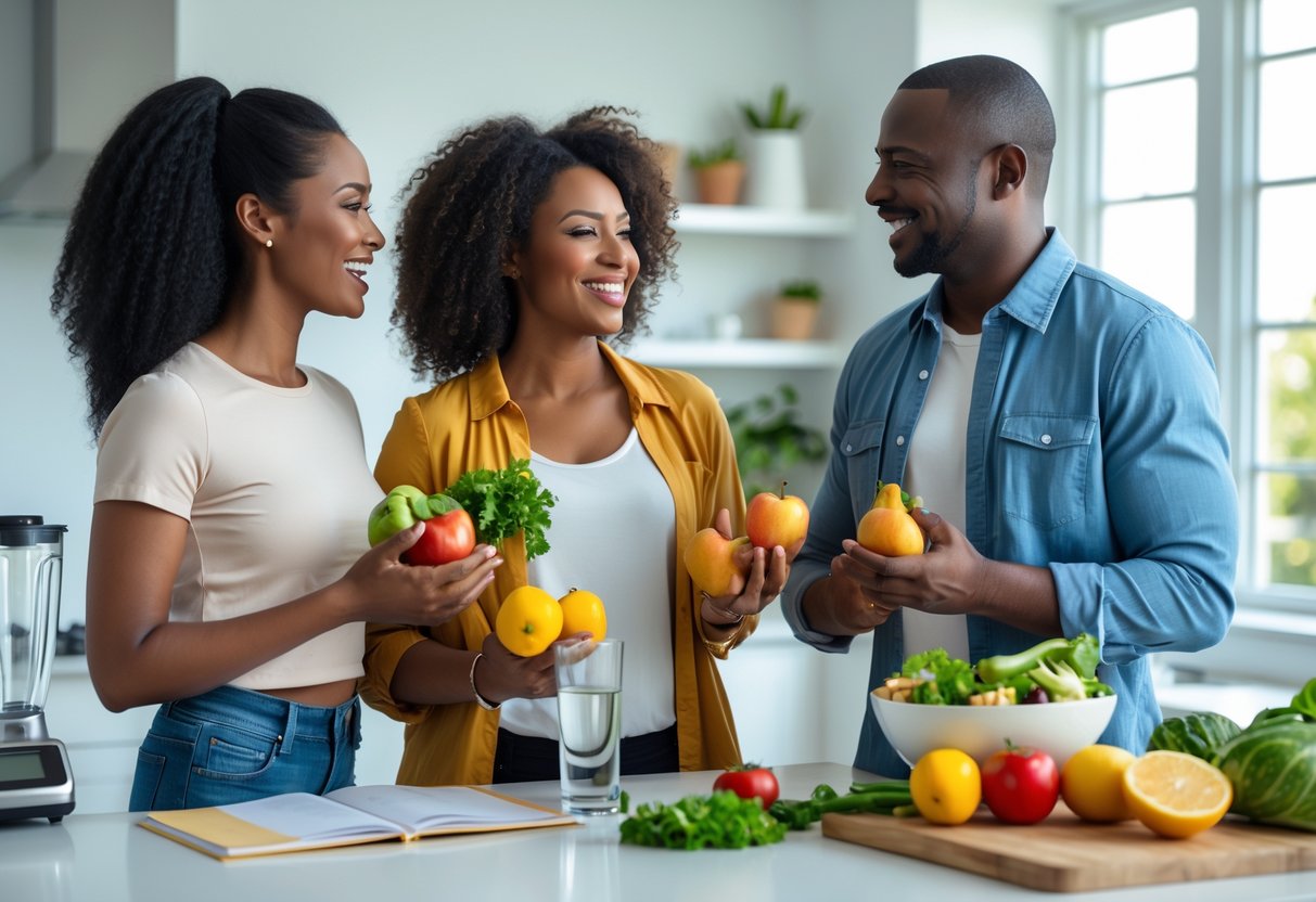 Three adults in a bright kitchen smiling and holding fruits and vegetables while discussing healthy habits.