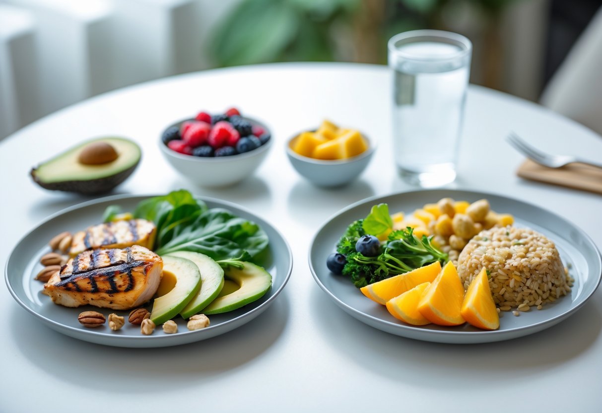 Two plates of healthy meals on a white table, one with low-carb foods and the other with low-fat foods, with a glass of water and a bowl of berries between them.