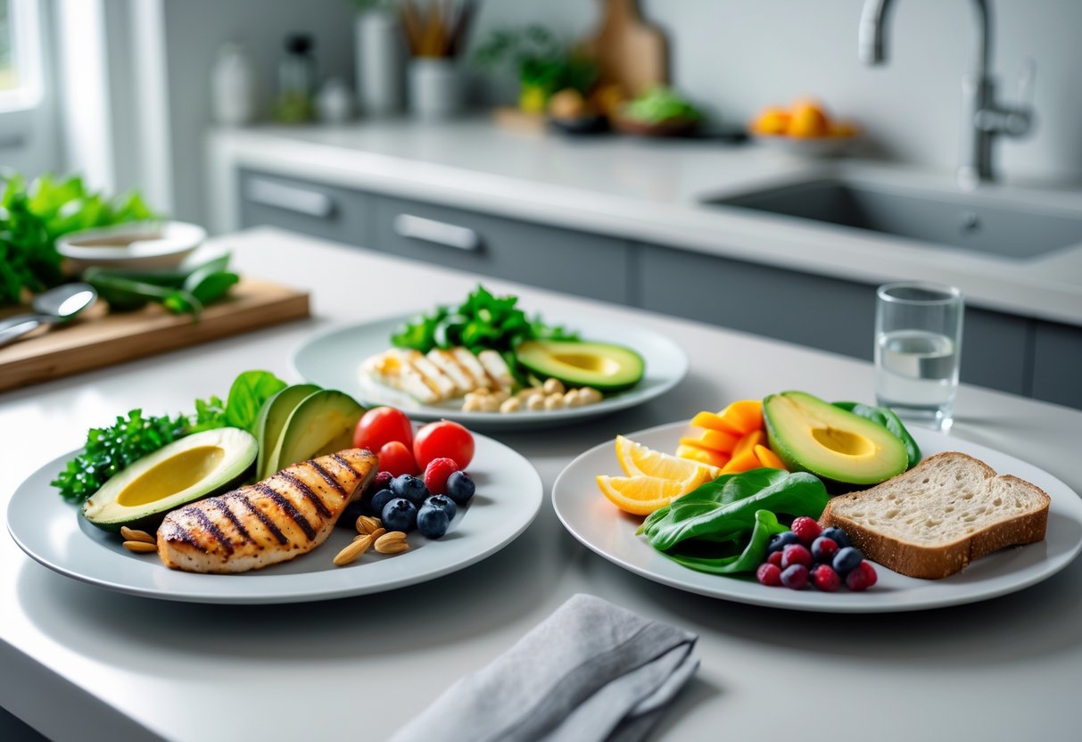 Two plates on a kitchen countertop, one with low-carb foods like grilled chicken and avocado, the other with low-fat foods like steamed vegetables and fruit.