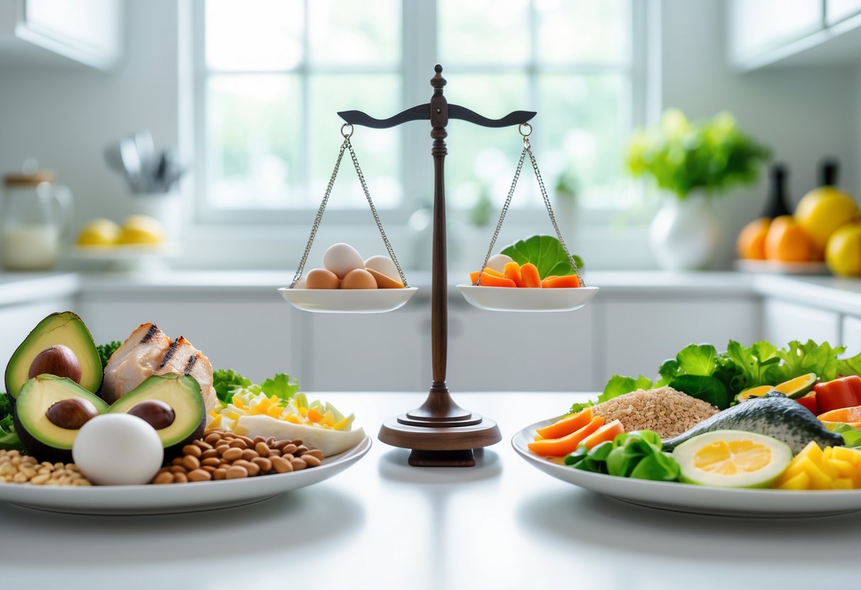 Two plates of food side by side, one with low-carb foods and the other with low-fat foods, with a balanced scale between them in a bright kitchen.