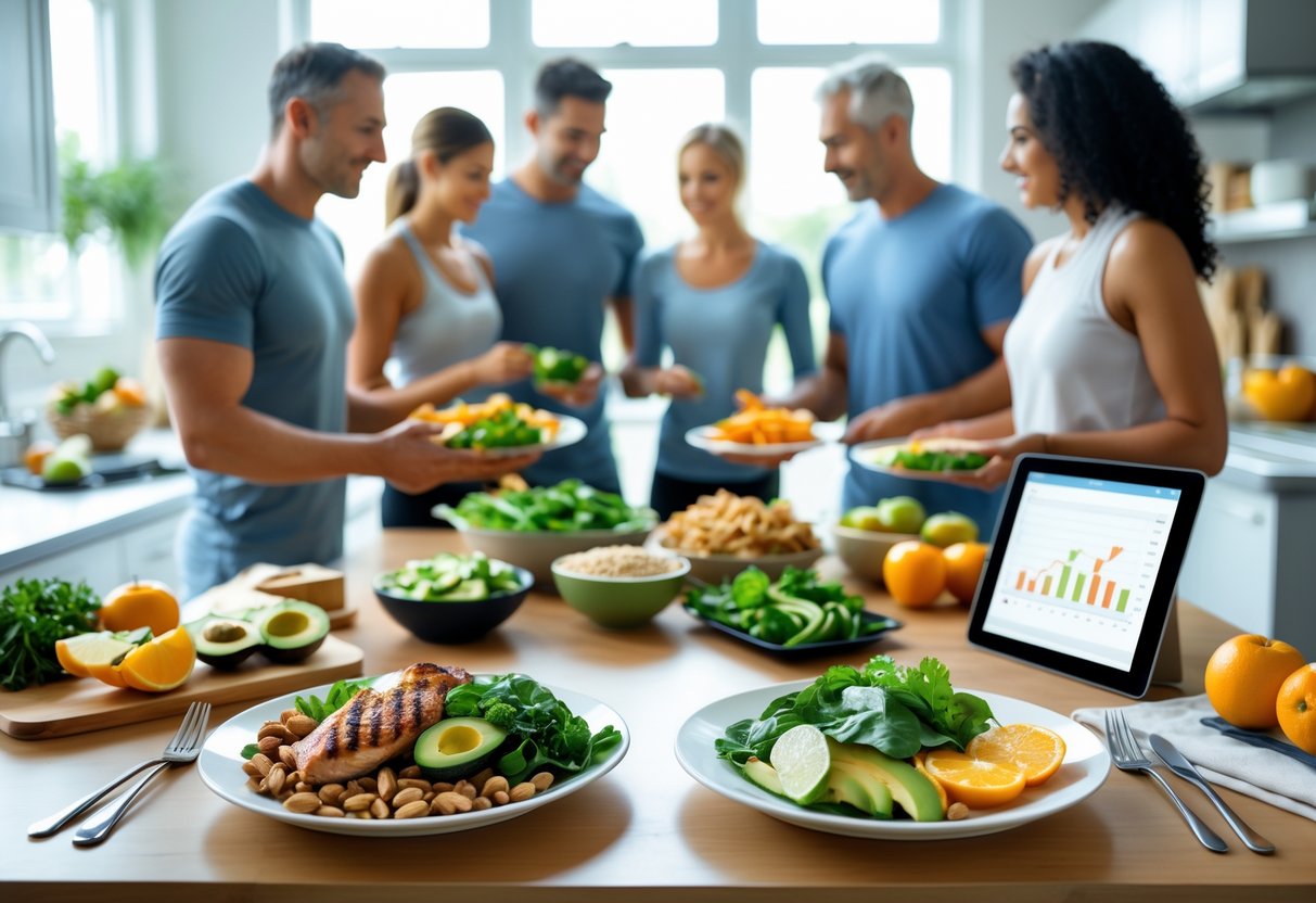 Two plates on a wooden table showing low-carb and low-fat foods with people preparing healthy meals in a kitchen.