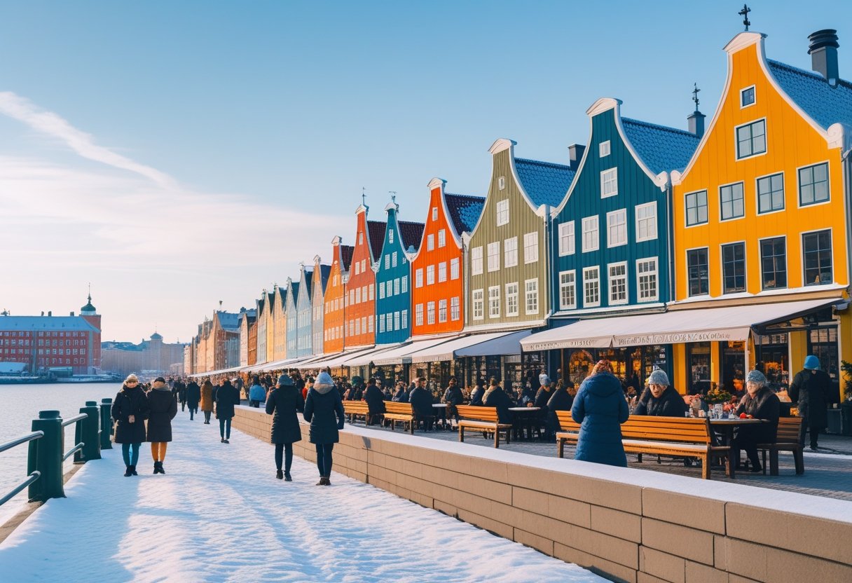 Snow-covered colorful buildings along a waterfront in Copenhagen with people walking and enjoying outdoor cafes on a clear winter day.