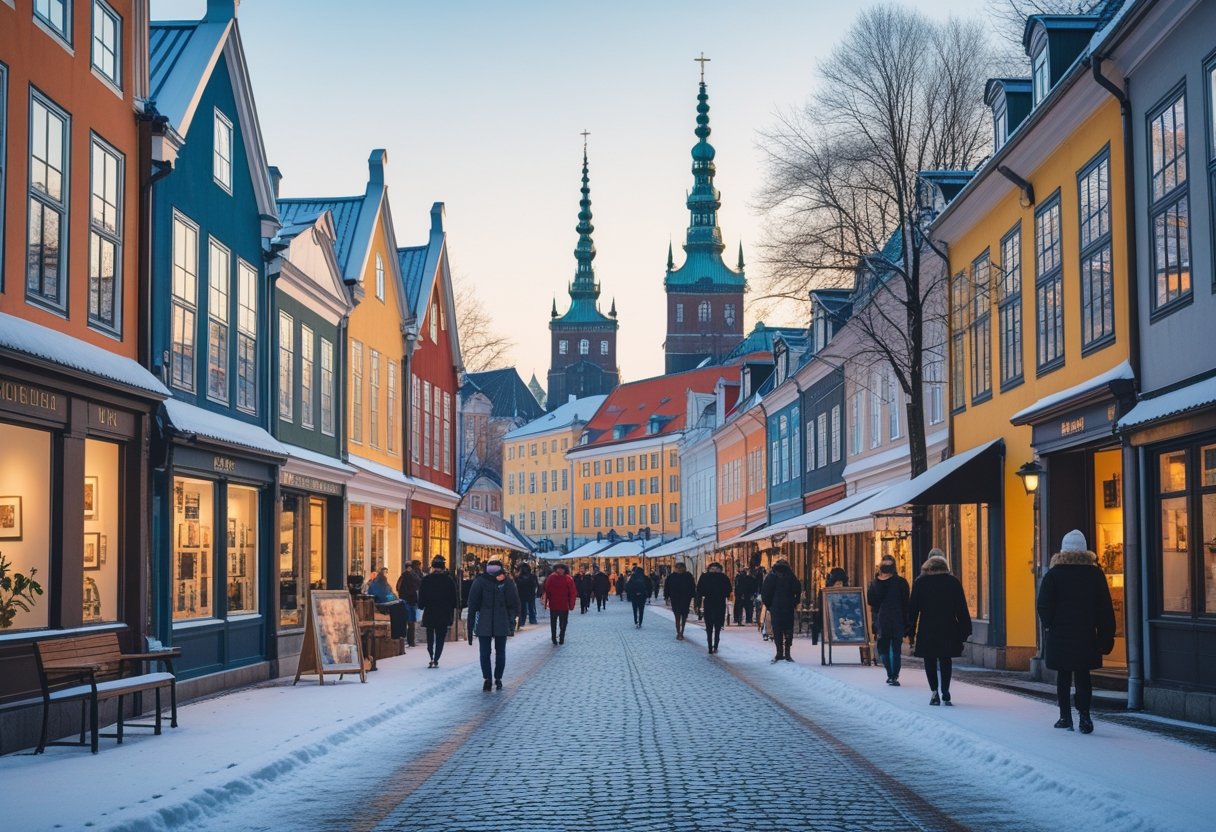A snowy street in Copenhagen with colorful buildings, people walking past art galleries and cafés, and historic church spires in the background on a clear winter day.